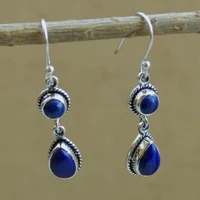 vintage bohemian ethnic style 925 silver needle pear blue stone drop earrings women dangle hook earrings jewelry
