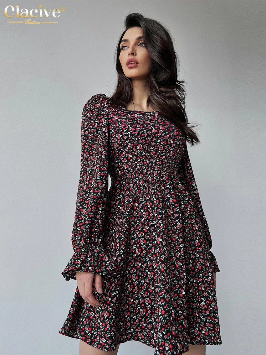 

Модное свободное мини-платье Clacive с принтом, элегантное офисное классическое платье с круглым вырезом, длинным рукавом и высокой талией для ...