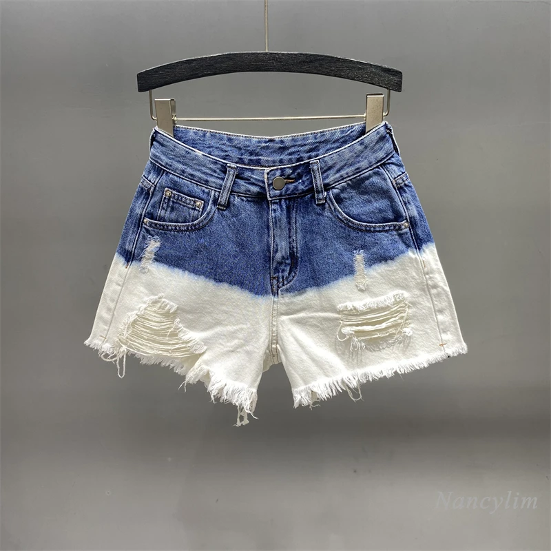 

INS Blue and White Gradient Denim Shorts Women's Summer 2022 New Korean Style Ripped Hole Frayed A- Line Wide-Leg Streetwear