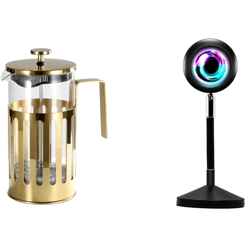 

HOT-Sunset Lamp Projector Rainbow Projection Lamp LED Night Light & 1000Ml French Press Coffee Pot