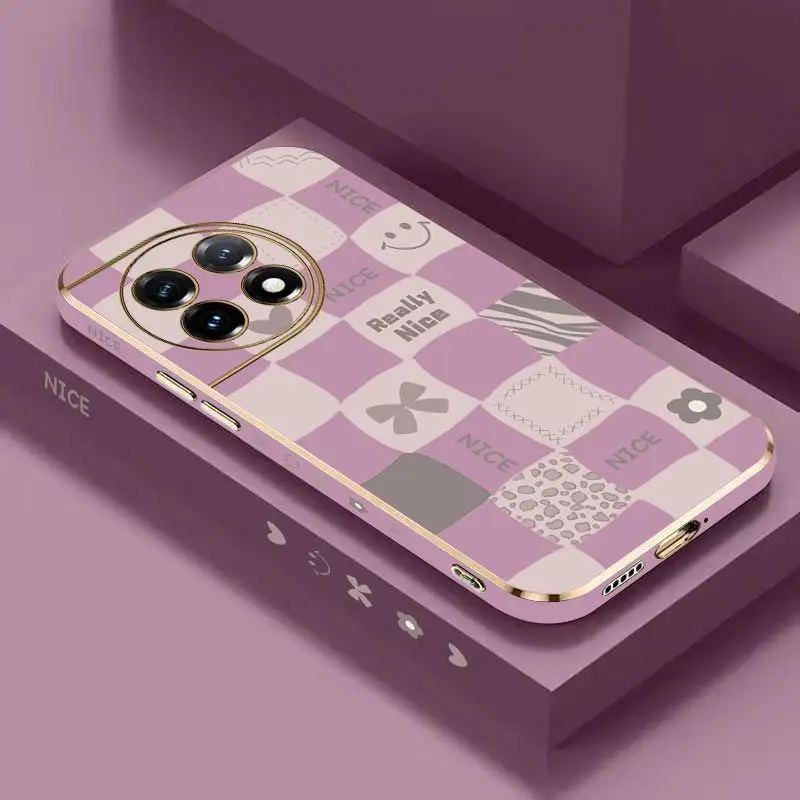 Checkered Smiley Face Luxury Plating Phone Case For Oneplus 11 11R 10R 10T 10 Pro 9 9R 9RT 8T 8 8 Pro Cover