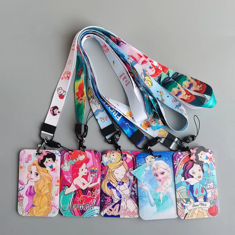 

Disney Elsa Mermaid Princess PVC Card Cover Lanyards Keychain Holder ID Card Pass Hang Rope Lariat Student Acrylic Doll Gift Toy