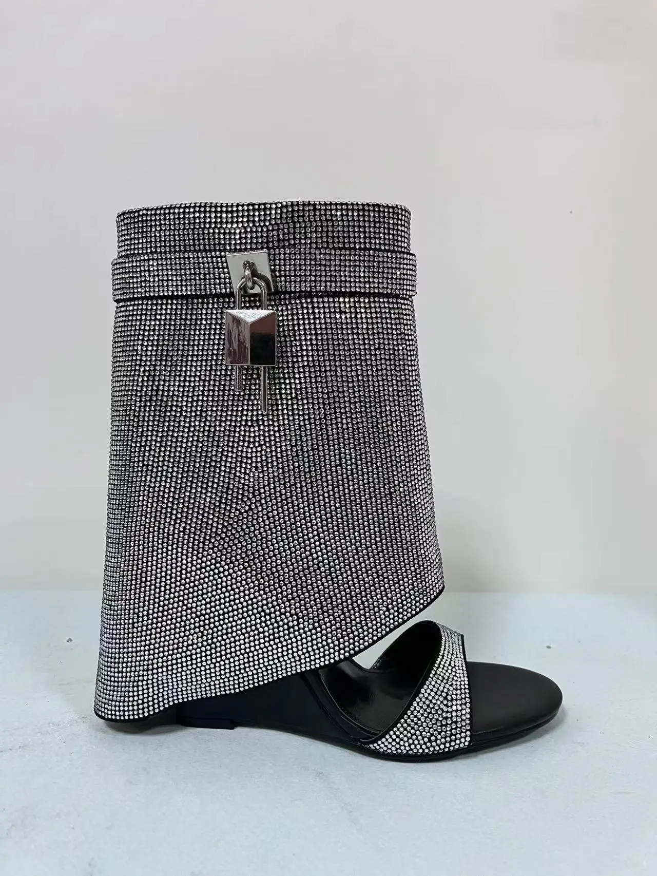 Brand Design Metal Lock Women Knee High Boots sexy rhinestone peep toe high wedges woman shoes Wedding Nightclub Party Long Boot