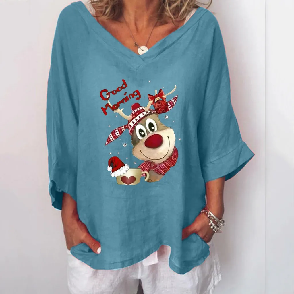 

Женский топ с принтом рождественского оленя, блузка с длинным рукавом, мягкая модная толстовка, повседневные блузки с V-образным вырезом, то...