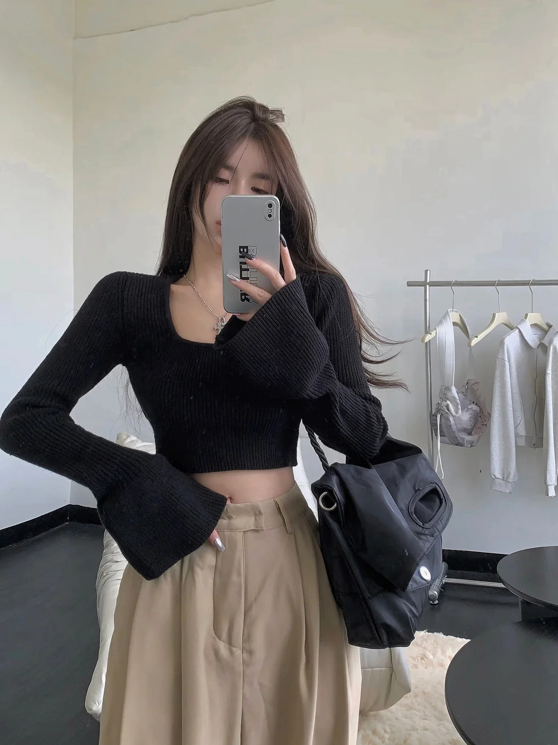 Корейский модный однотонный топ с круглым вырезом и длинными рукавами