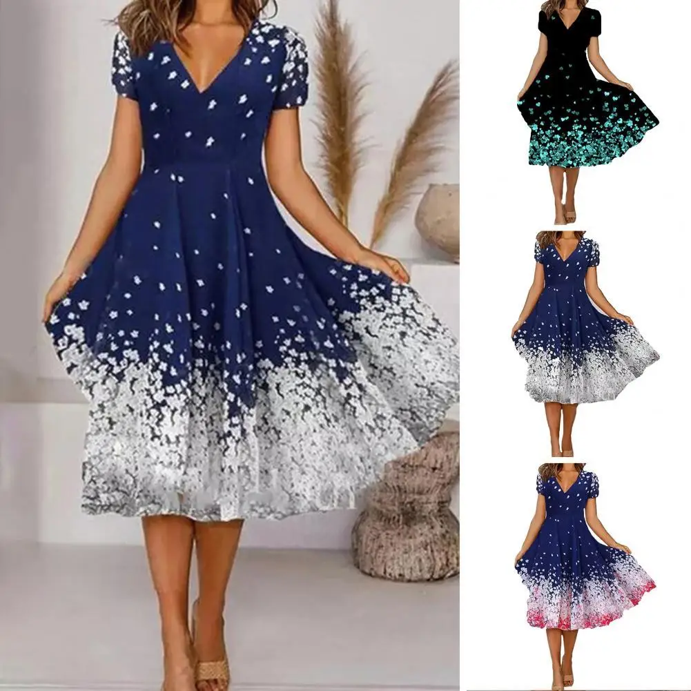 

V-Neck Short Sleeve Large Hem Swing Dress Floral Splash Ink Print Midi Dress Female Clothing