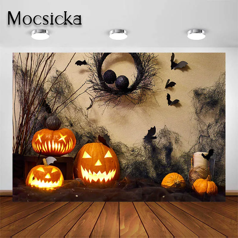 

Mocsicka фон на Хэллоуин для фотографии тыква летучая мышь украшение стены фон дети взрослые портрет фотосессия студия реквизит