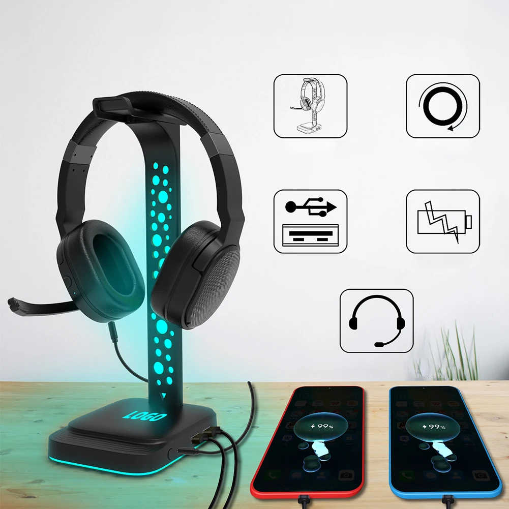 

3.5mm Audio RGB Backlight Lighting Headphone Holder Rechargeable Multifunction USB Gaming Headphone Holder