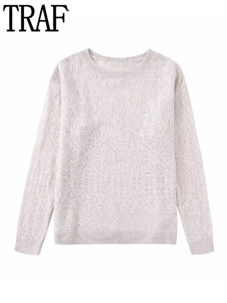 

Бежевый вязаный свитер TRAF, Женский жаккардовый Свитер оверсайз, Женский вязаный Топ с длинным рукавом, Женский Осенний пуловер, свитера для ...