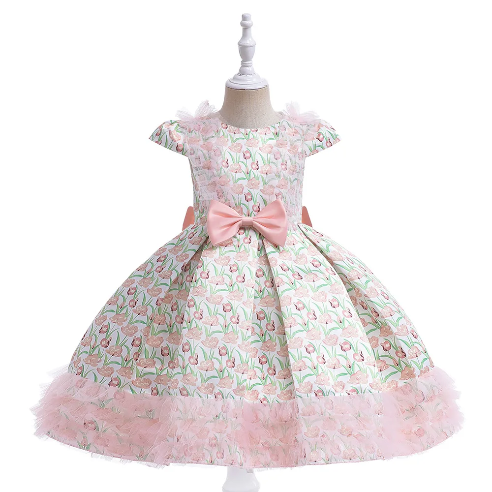 

2022 New Girls Princess Skirt Children's Short-Sleeved Birthday Party Printed Skirt Flower Girl Dress