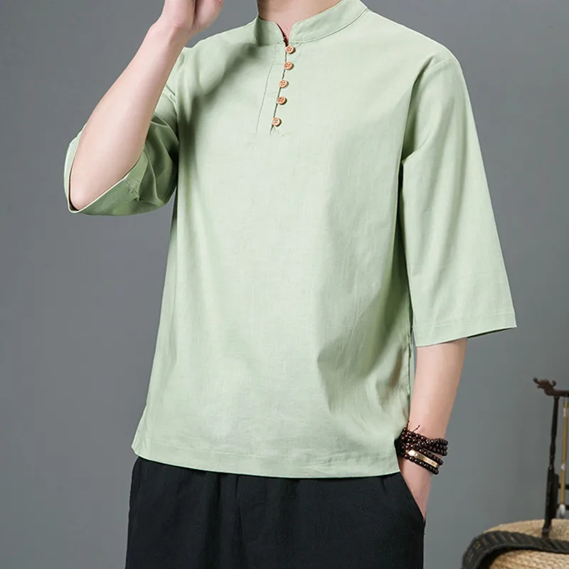 

Tang Suit Men's Cotton Linen Short-sleeved Plus Size T-shirt Summer Thin Top Harajuku Retro Solid Color Casual Shirt