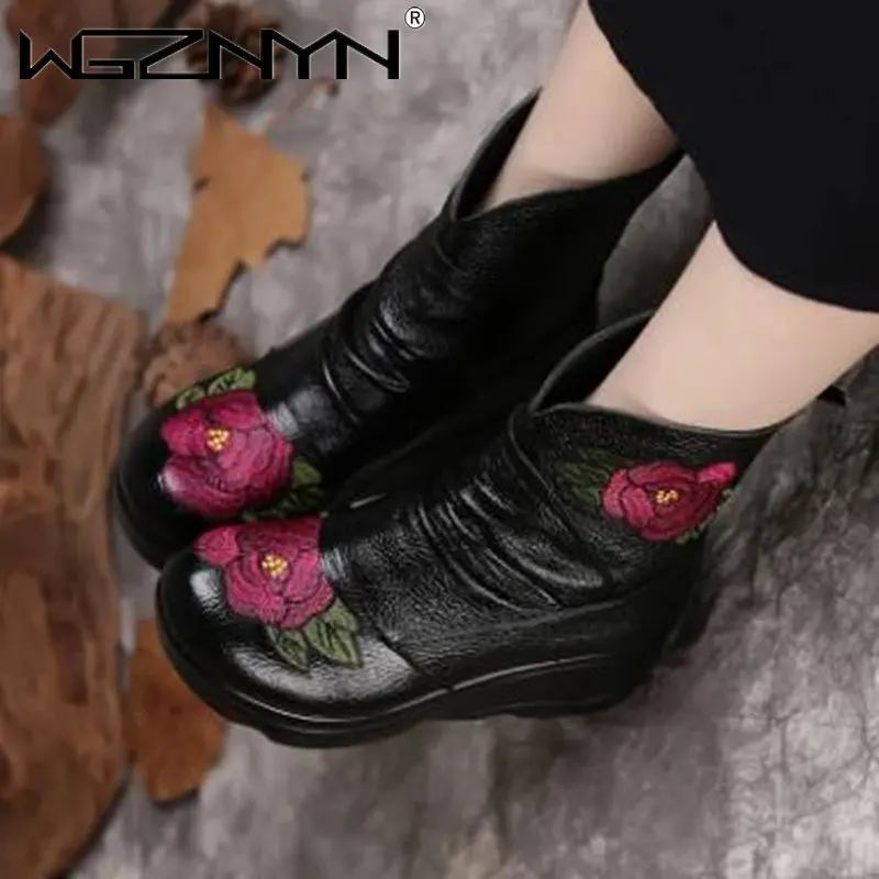 

Fashion Autumn Winter Handmade Boots For Women Genuine Leather Ankle Shoes Vintage Platform Women Shoes Round Toes Wedges Boots