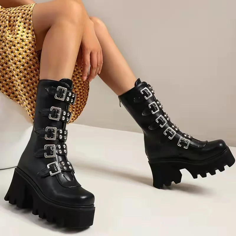 

Women's Boots Punk Rock High-heeled Boots Thick-soled Platform Handsome Rear Zipper Large Size Stage Boots Womne's Boots