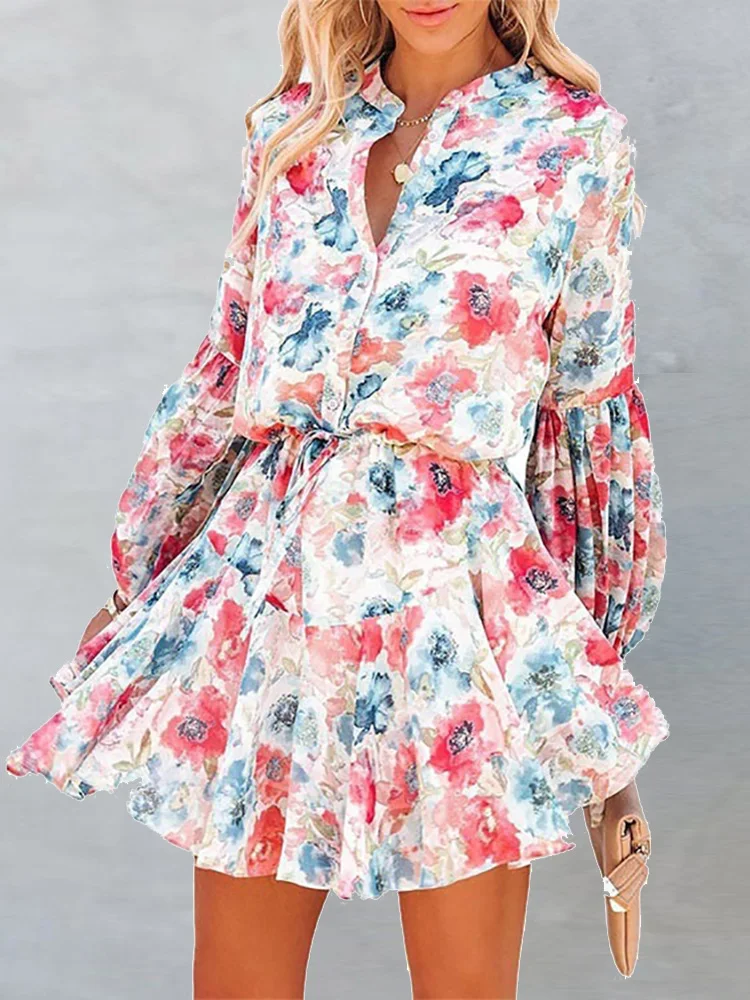 

Spring Autumn Elegant Women Lantern Sleeve Dress V Neck Floral Print Mini Party Club Dress Casual Slim Button Patchwork Dresses