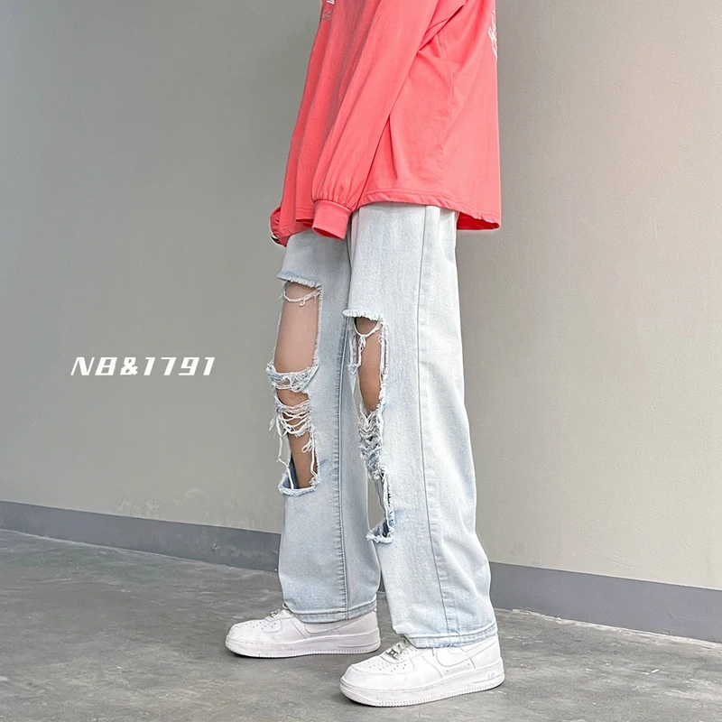 Spring/Summer Men's Big Ripped Blue Jeans Korean Fashion Streetwear Denim Straight Ankle-Length Pants Male Brand