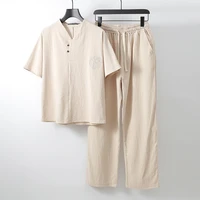 chinese style mens linen short sleevetthin t shirt for middle aged and elderly loose cotton and linen suit dad mens elbow slee