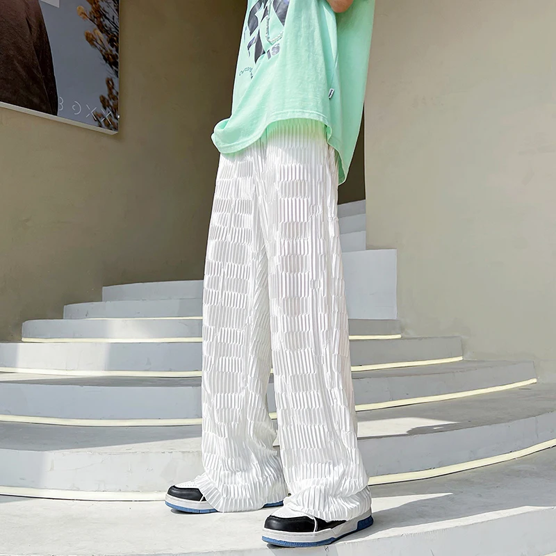

Plus Size 5XL-S Summer Fashion Pleated Casual Wide Leg Pants Men Clothing 2022 Loose Straight Ice Silk Trousers Streetwear Sale