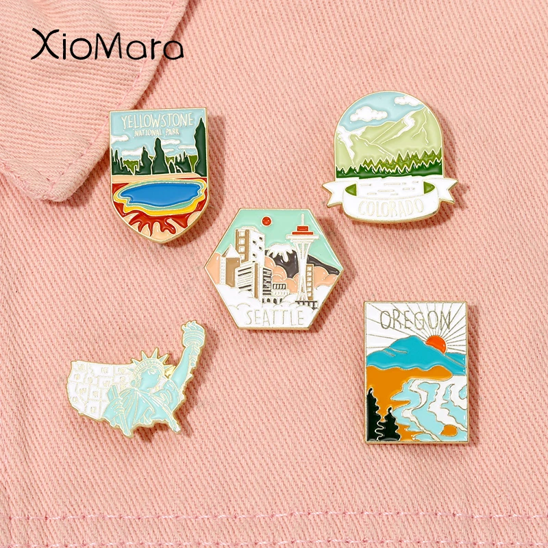 

Scenic Spot Series Enamel Pin Statue of Liberty Yellowstone Seattle and Colorado Brooches Scenery Badges Gift for Friend Jewelry
