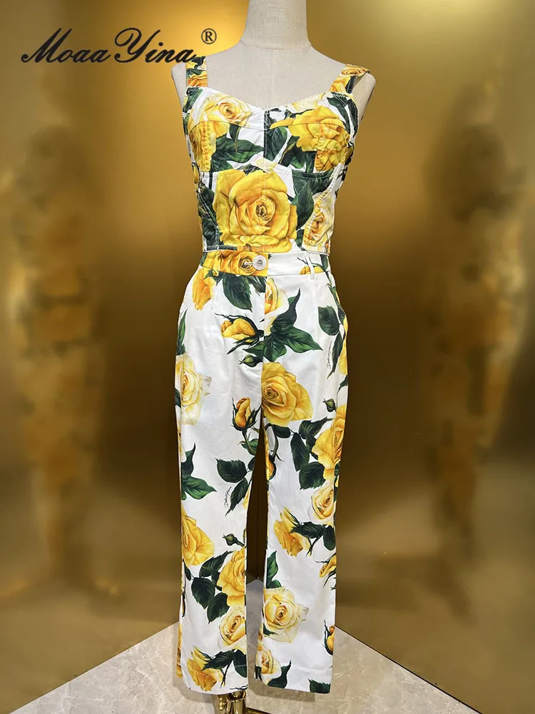 MoaaYina Модное дизайнерское платье летние женские комплекты брюк хлопковая