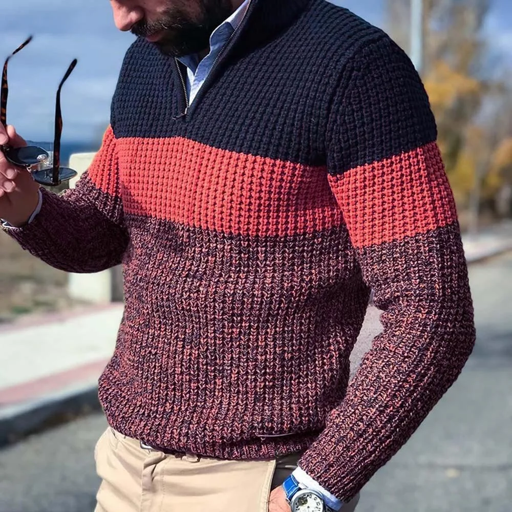 Plus-Size Slim-Fit Lapel Color Matching Knit Men's Zipper Sweater Daily Casual Autumn And Winter Casual Pullover Street T-shirt