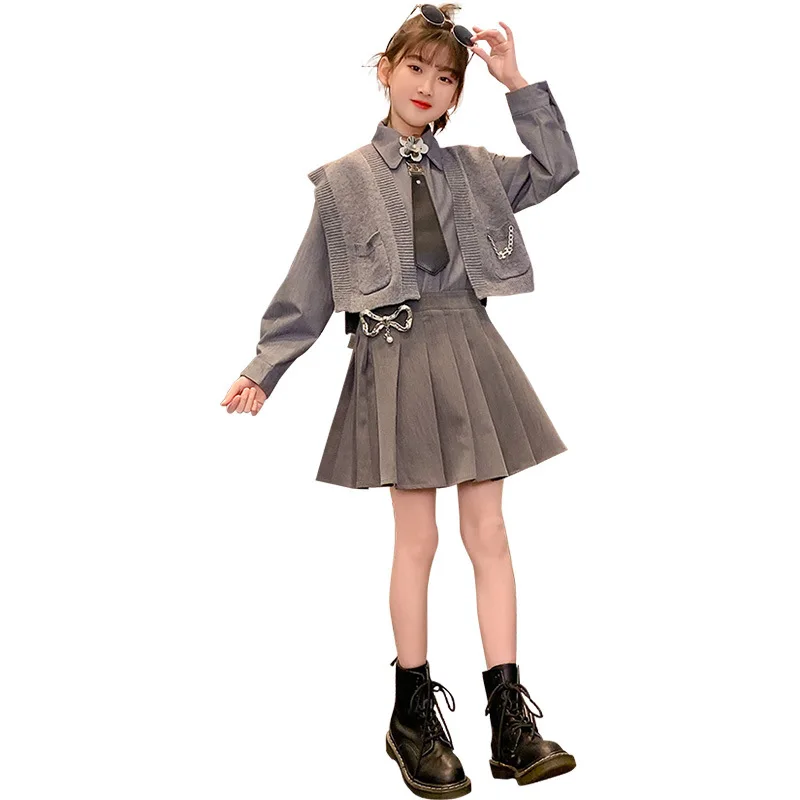 

New Korean Kids 3 Piece Skirt Sets Spring Fall Children Girls Knitted Vest + Blouses + Tutu Skirts Fashion Grey Color Outfits
