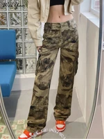grunge camouflage cargo pants women casual high waist pocket baggy straight joggers female fairycore trousers techwear clothes