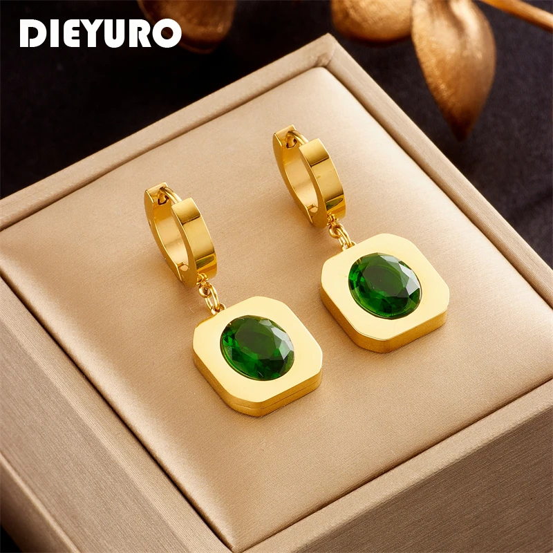 

DIEYURO 316L Stainless Steel Green Zircon Hoop Earrings For Women Fashion Girls Rustproof Jewelry Festival Birthday Gifts Серьги