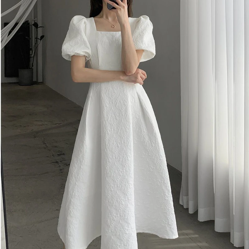 

Женское элегантное платье-трапеция, белое однотонное платье во французском стиле с коротким рукавом и квадратным вырезом, весна-лето 2023