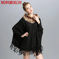 8 colors women knitted poncho outstreet wear autumn winter fashion tassel batwing sleeves faux fur neck pullovers capes overcoat