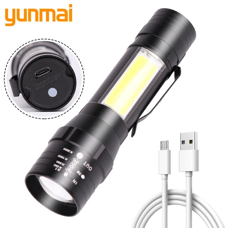 

USB Rechargeable Lantern LED Flashlight Built-in 18650 Battery XM-L T6 COB Zoomable Torch for Camping Light Aluminum 10W