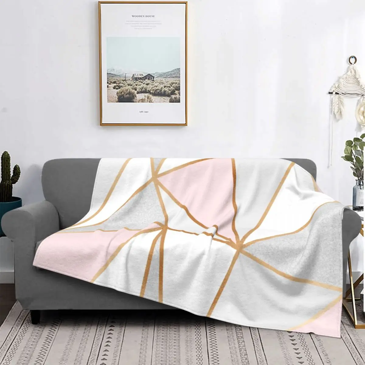 

3D Printed Pink Grey Gold Geometric Abstract Pattern Blankets Soft Flannel Geometry Throw Blanket for Couch Travel Bedding