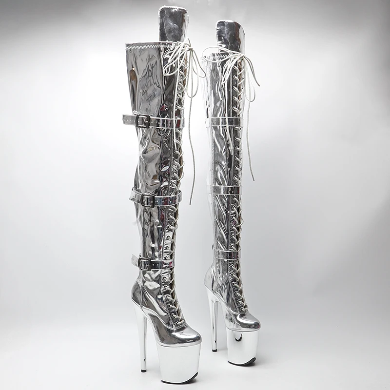 

Женские блестящие лакированные сапоги Leecabe на высоком каблуке, на платформе, со шнуровкой и пряжкой, высокие сапоги до бедра для танцев на полюсе, 20 см/8 дюймов