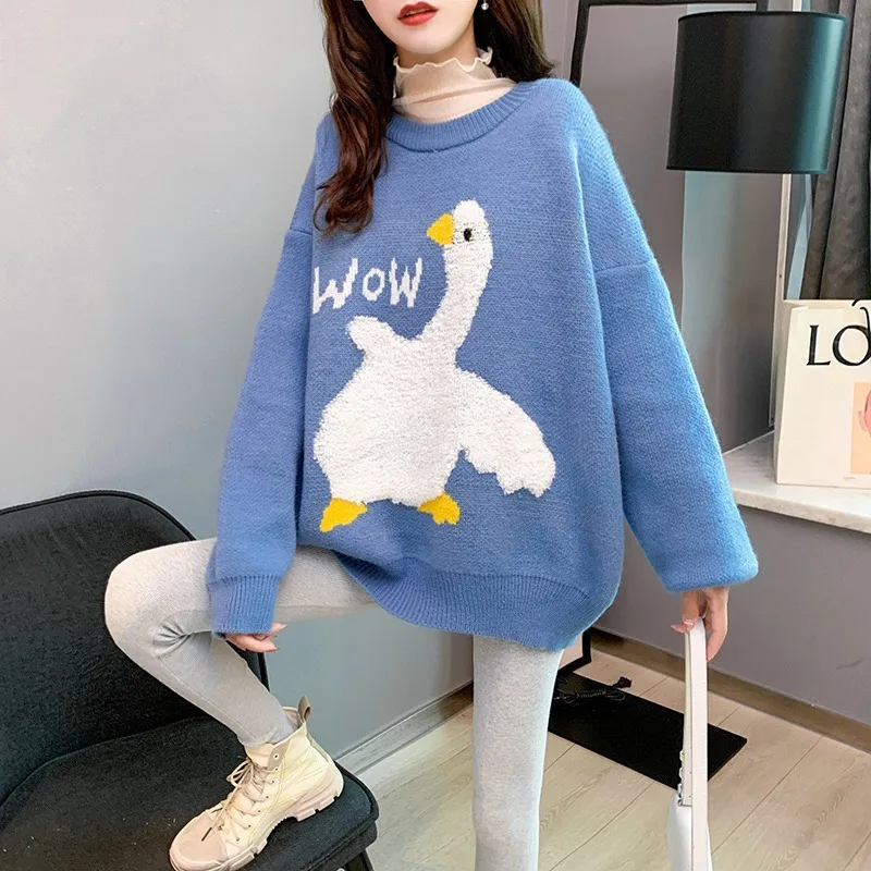 

Korean Casual O Neck Knitted Pullover Tops Female Cartoon Duck Letter Embroidery Sweater Autumn Winter Long Sleeve Jumper Women