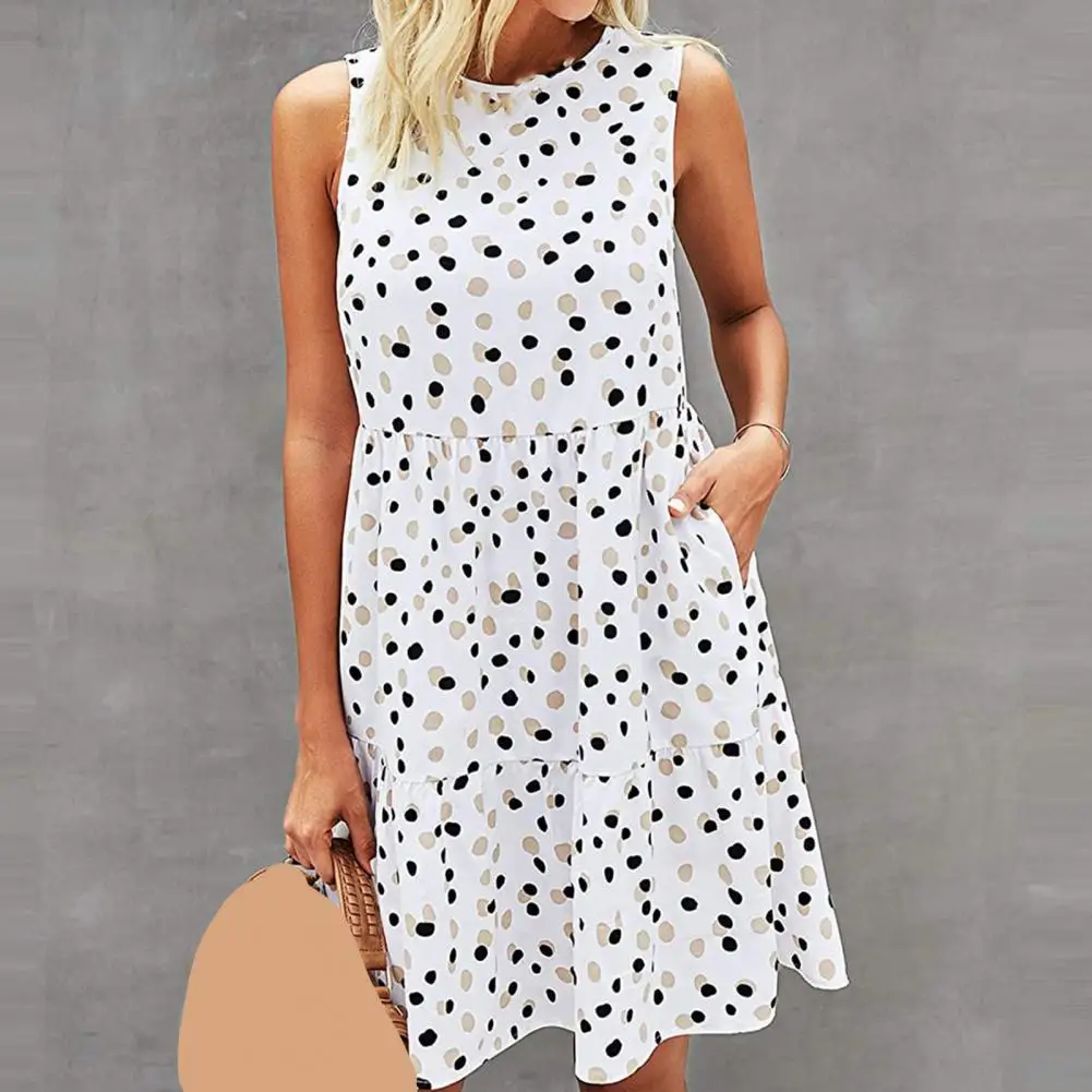 

Summer Women Sundress O Neck Dots Print Sleeveless Large Hem Loose Knee-length Dress for Office