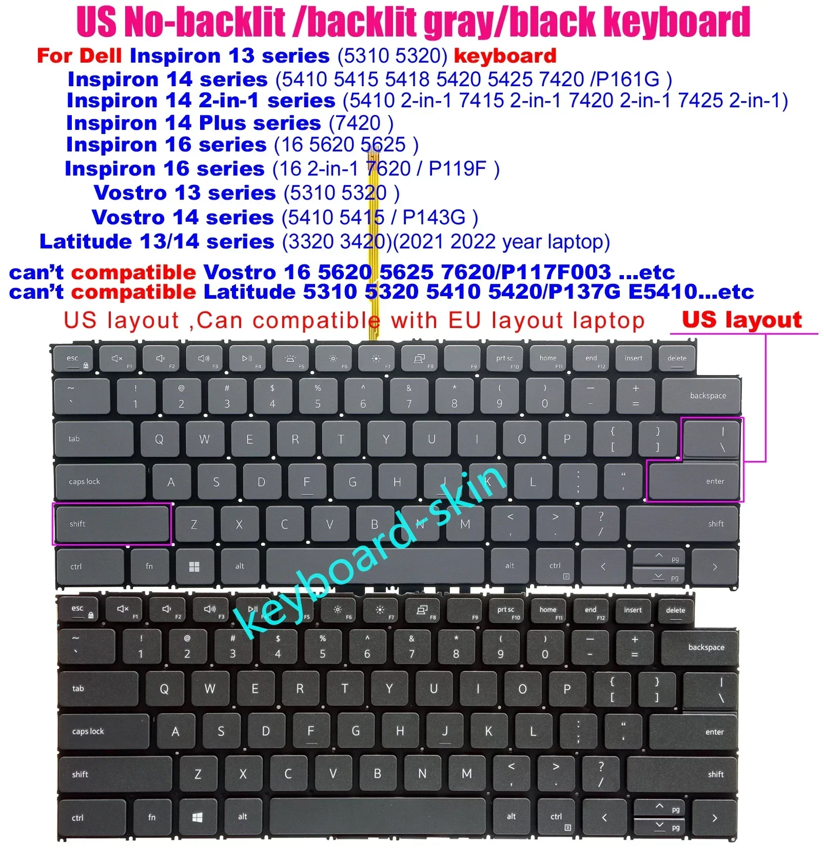 Клавиатура США без подсветки/подсветки для Dell Inspiron 5310 5320 14 5410 5418 5420 5425 P161G 7415 7420 742516
