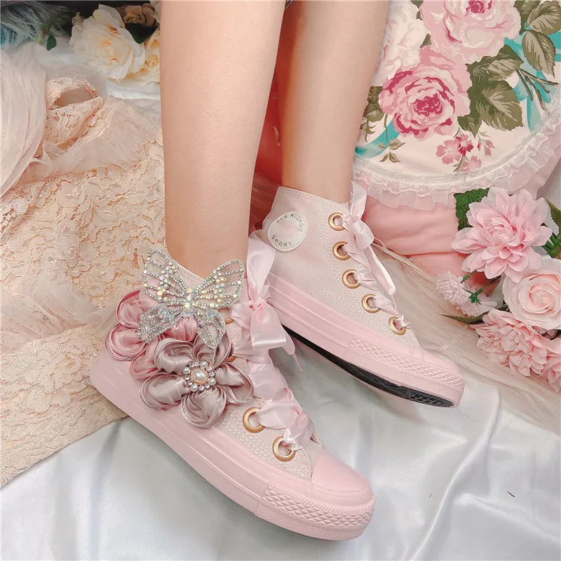 Spring New Women Canvas Shoes Fashion Handmade Girl Purple Vulcanized Sneakers 3D Butterfly Flower Casual High Low Flat Shoes
