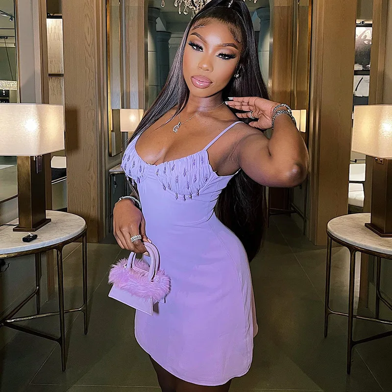 

2022 summer solid color pleated nail bead Pullover suspender buttock dress