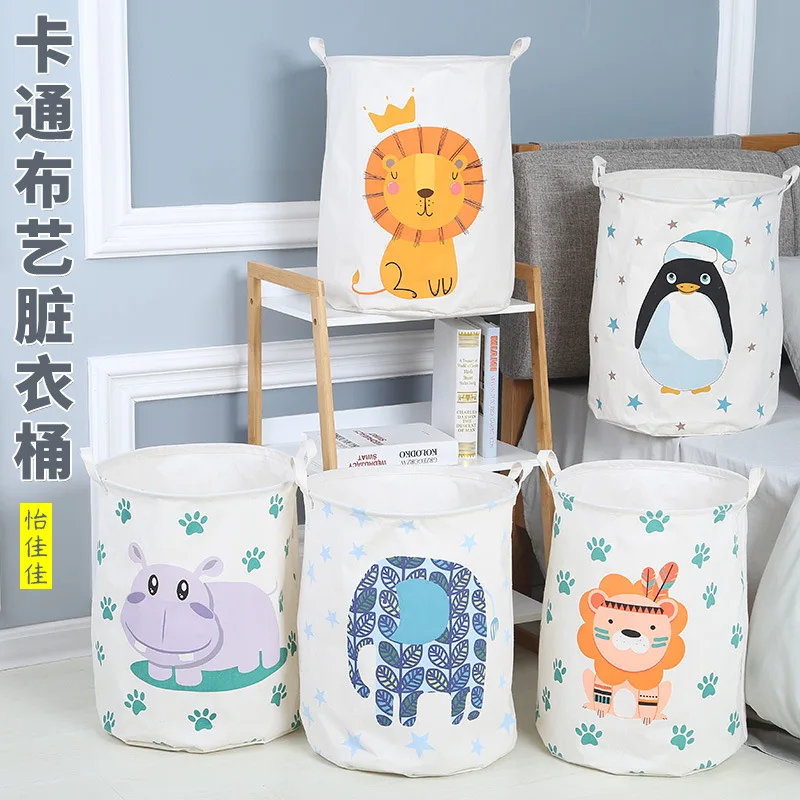 

Cotton and linen cartoon fabric dirty clothes basket Foldable waterproof dirty clothes basket round fabric storage bucket