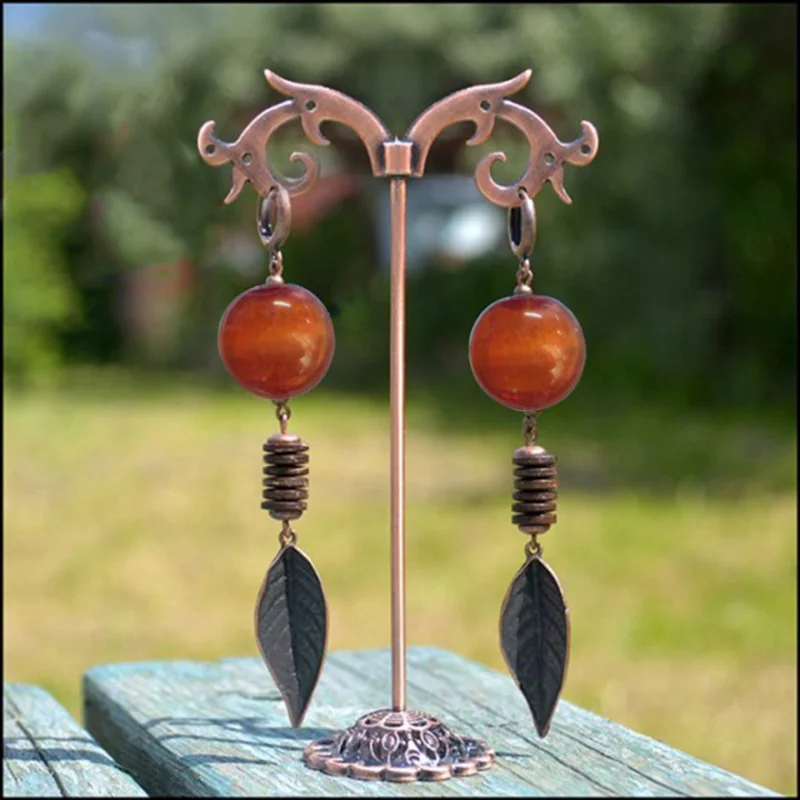

Retro Orange Beaded Bronze Leaf Drop Earrings Engraved Metal Statement Dangle Earrings For Women Jewelry