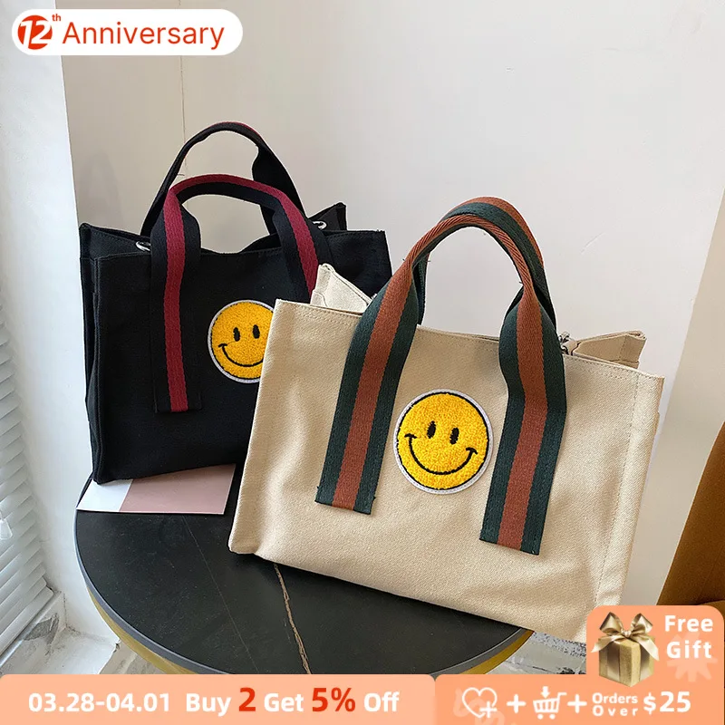 

Fashion Smiley Women's Canvas Shoulder Bags Large Capacity Female Travel Casual Tote Messenger Bags Simple Ladies Book Handbags