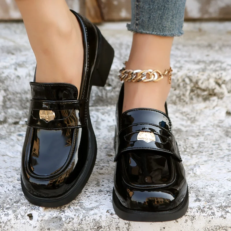 2023 Autumn Brand Shoes for Women Slip-on Women's High Heels Round Toe Square Heel High Heel Pump Women Solid Ladies Loafers
