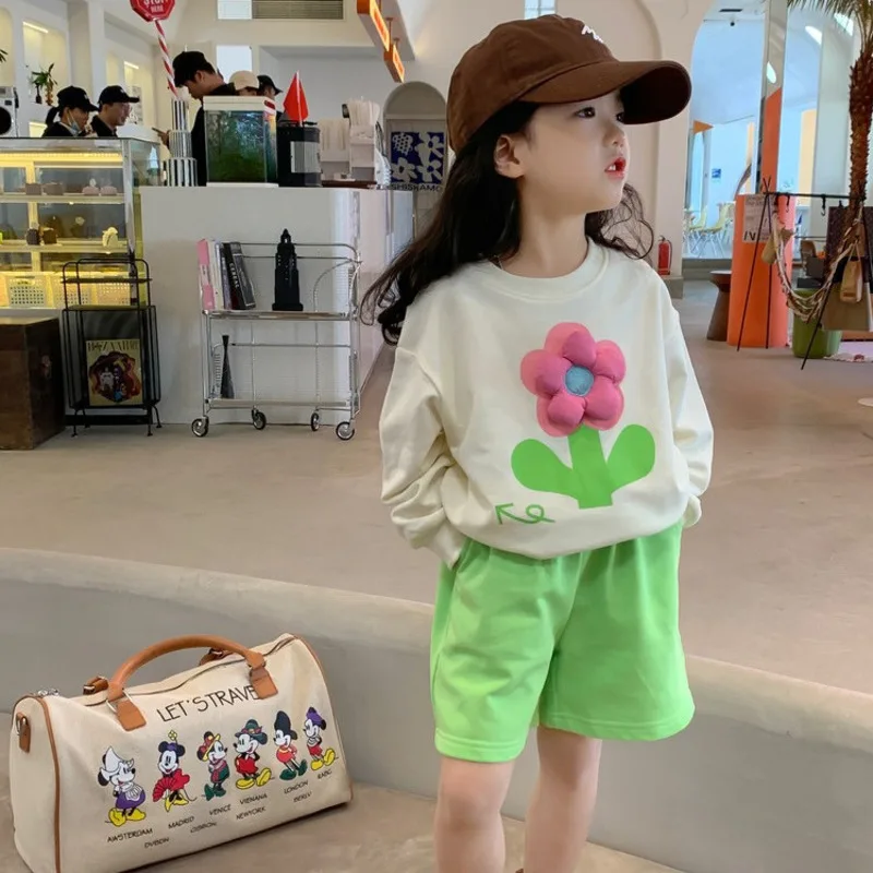 

Комплект детской одежды из двух предметов для маленьких девочек, толстовка с цветочным рисунком + шорты и штаны, одежда для детей на день рождения, наряды для отпуска для женщин