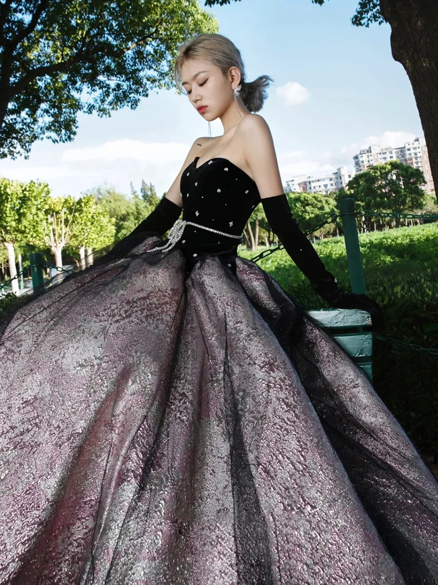 Luxury Black Celebrity Dresses Pearl Chain Gloves Women Sexy Princess A-line Strapless Prom Evening Party Gowns Vestido De Festa