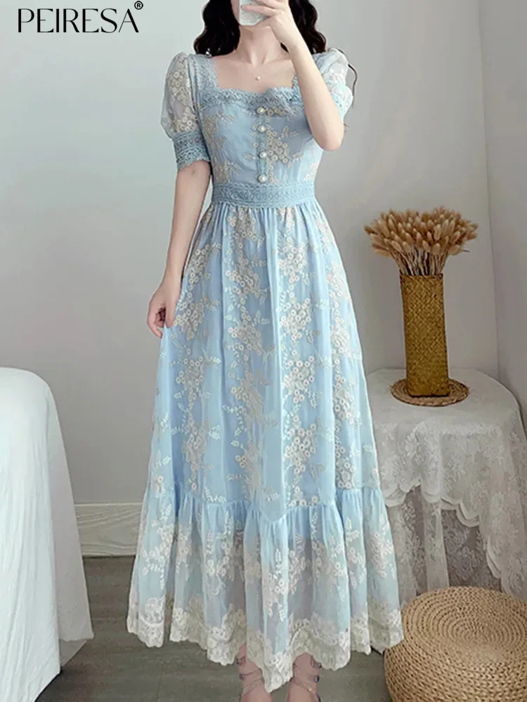 

PEIRESA Floral Embroidery Patchwork Lace Dresses For Women 2023 Spring Summer New Suqare Collar Puff Sleeve Slim Waist Dress