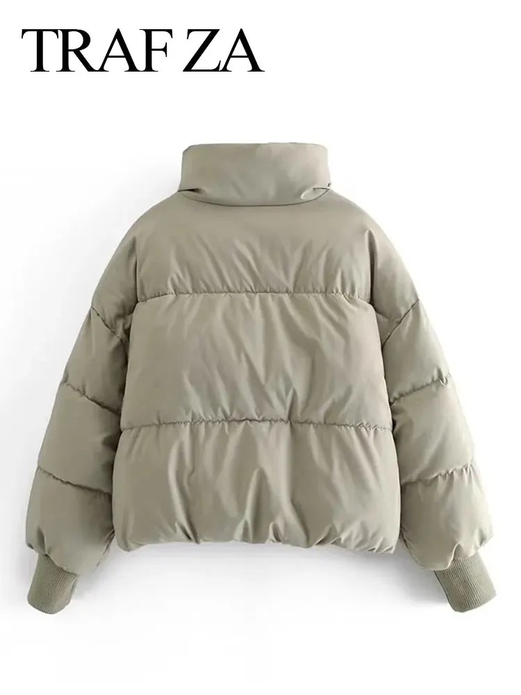 TRAF ZA Women's Winter Coats Warm Cotton Clothes Fashion Solid Color Simple Long Sleeve Zipper Pocket Female Loose Chic Tops