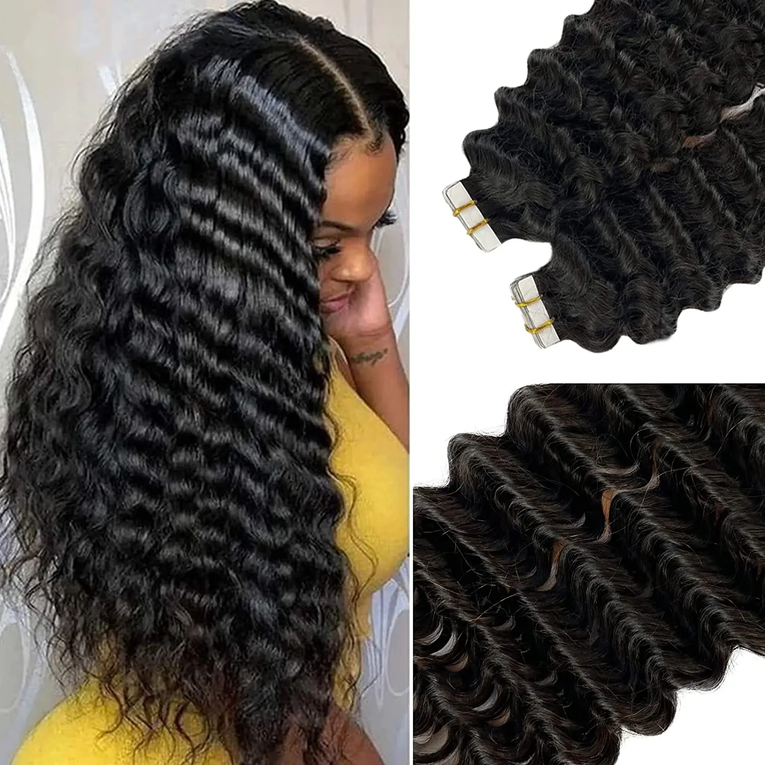 Remy Tape in Extension Human Hair Natural Black PU Skin Weft Real Virgin Human Hair Deep Wave Semi-permanent Adhesive Tape on