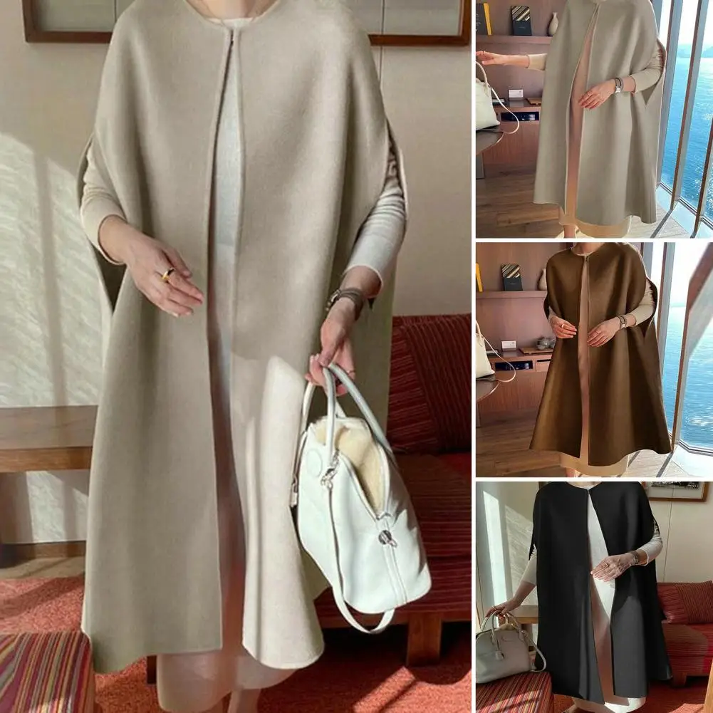 

Simple Woolen Coat Warm Skin-Touching Women Vintage Open Stitch Long Woolen Cape Coat Soft Woolen Outerwear for Trip