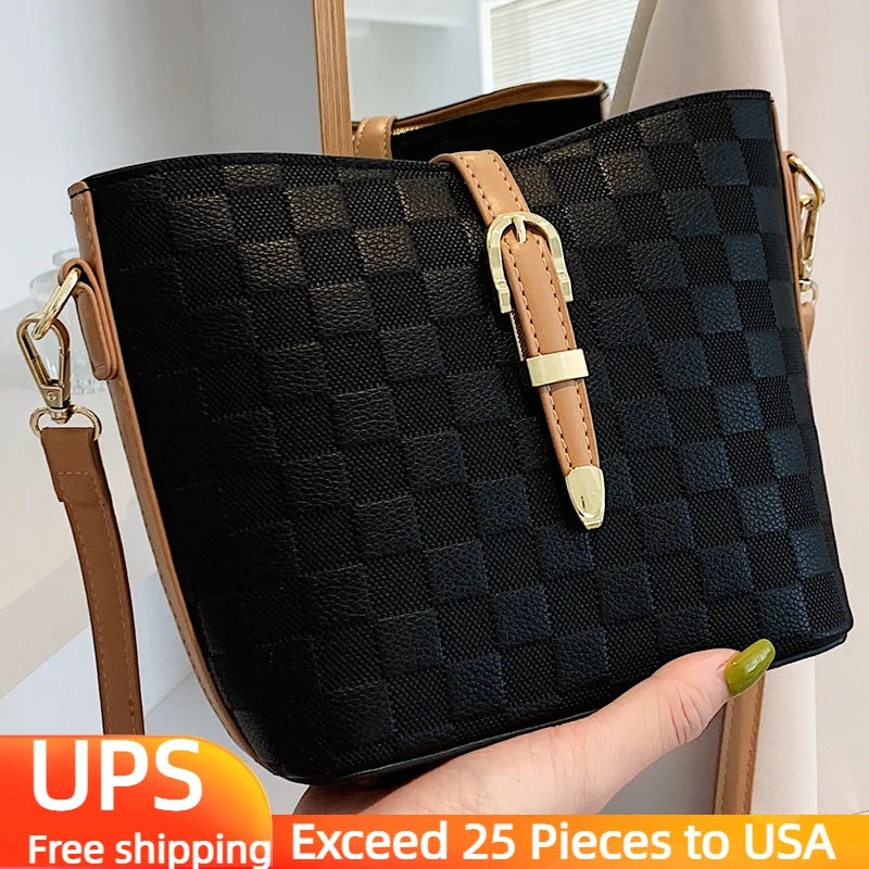

Fashion Trend Crossbody Bags for Women 2022 PU Leather Shoulder Bag Female Designer Plaid Pattern Bucket Handbags Purse Luxury