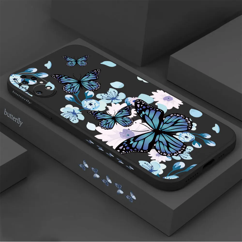 Lovely Red Blue Butterfly Phone Case For Huawei P60 P50 P40 P30 P20 Mate 50 40 30 20 20X 10 Colour Liquid Silicone Cover Funda