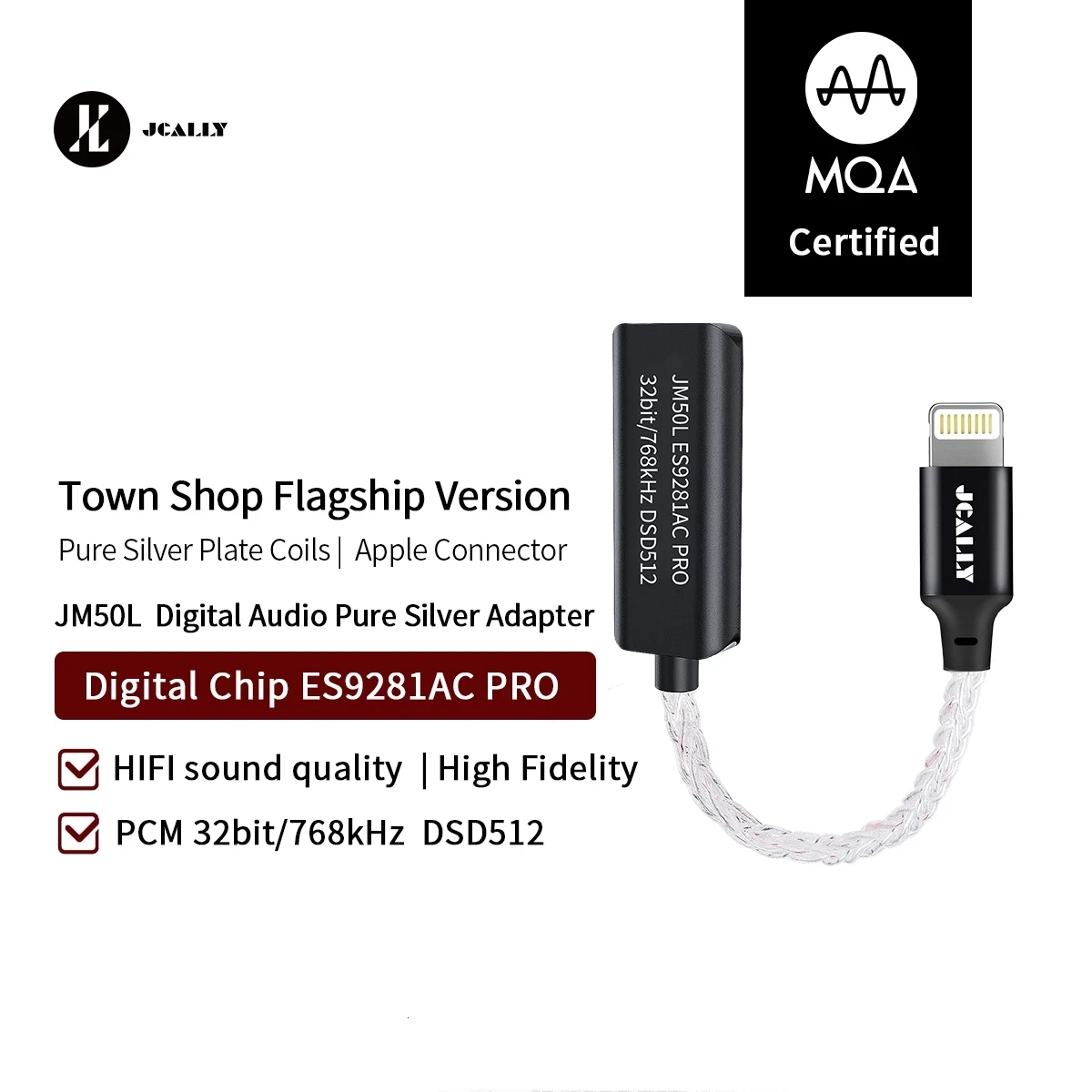 

JCALLY JM50 USB C DAC JM50L Light-ning Audio Decoding Adapter Cable Type C to 3.5mm Decoding Earbuds Amplifier MQA ES9281AC pro